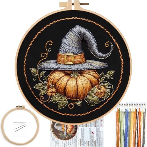 FONNUY Pumpkin Embroidery Kit for Beginners, Pre-Stamped Pattern Kits for Adults with Hoop, Easy to Follow Color Thread Needlework, 8'' Hoop (Witch Hat 1) by FONNUY