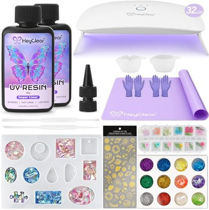 HeyClear UV Resin Molds Kit 200g with Large UV Light for Jewelry Making by HeyClearResin