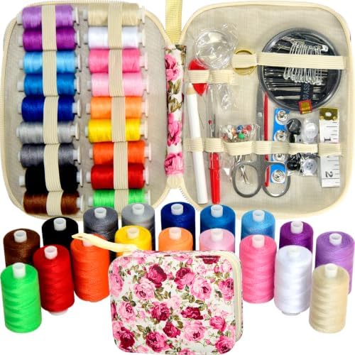 Sewing Kit with Case Portable Sewing Supplies for Home Traveler, Adults, Beginner, Emergency, Contains 18 Sewing Thread, Scissors, Needles, Measure etc,Black (red Rose） by LE+PAON