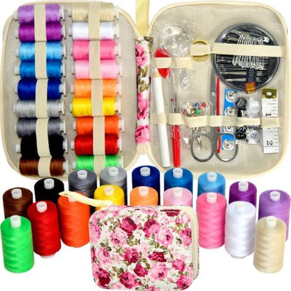 Sewing Kit with Case Portable Sewing Supplies for Home Traveler, Adults, Beginner, Emergency, Contains 18 Sewing Thread, Scissors, Needles, Measure etc,Black (red Rose） by LE+PAON