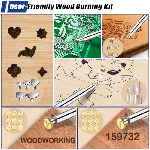 Wood Burning Kit, 163 Pcs Wood Burner Tool Kit with letters and numbers, Pyrography Pen with Adjustable Temperature Control Various Tips Stencils, Woodworking Leather Embossing Carving Soldering-black - Image 6