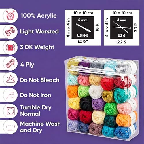 CRAFTISS 30 of 20g/0.7Oz Acrylic Yarn Mini Skeins - 1300 Yards of Soft Yarn for Crocheting and Knitting Craft Project, Assorted Starter Crochet Bulk Kit for Adults and Kids - Mothers Day Gift - Image 4
