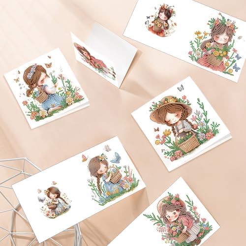 6pcs Diamond Art Painting Kit Greeting Card, Flower Picking Flower Garden 5D DIY Diamond Handmade Holiday Greeting Card with Envelope, Holiday Gift Congratulation - Image 6