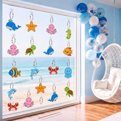 Dunzoom 30 Set Under the Sea Suncatcher DIY Craft Kit Acrylic Ocean Animals Window Art Paint Activity for Birthday Party Favors Summer Camp Classroom Activity 10 Designs Colorful Beads Paint - Image 4