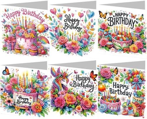 6PCS Diamond Art Painting Greeting Cards Kit, Birthday Themed DIY Card Making Set with Crystals and Envelopes, Creative Craft for Adults, Fun Party Activity and Personalized Gift by Unknown