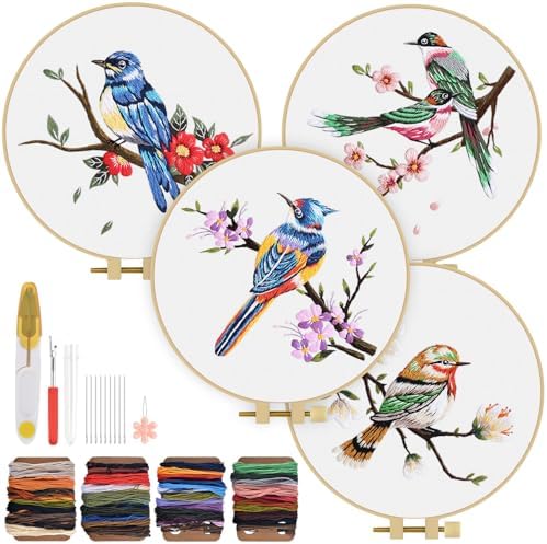 TINDTOP Embroidery Kit for Adults, Flowers and Bird Embroidery Practice Kits for Beginners Adults Include Embroidery Cloth Hoops Threads for Craft Lover Hand Stitch by TINDTOP