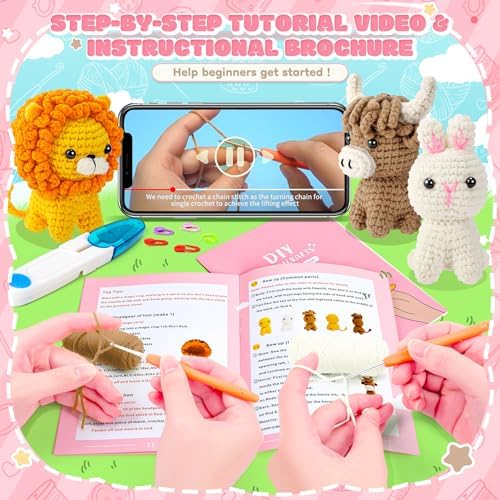 Fortuning's JDS Crochet Kit for Beginners, Amigurumi Crochet Animal Kits, Crocheting Kit for Starters Adult with Step-by-Step Video Tutorials, Animal Kits with Highland Cow, Lion, Bunny - Image 3