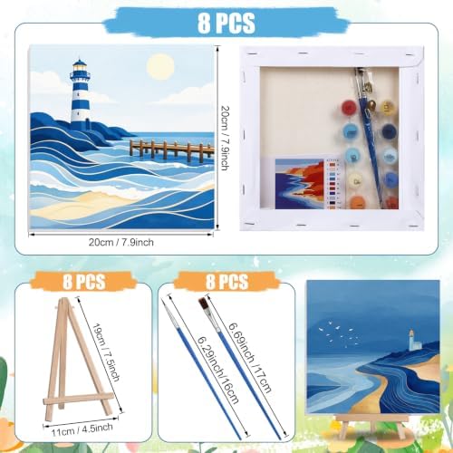 Nezyo 8 Sets 8 x 8 Inch Paint by Numbers Kit for Adult Beginners with Wooden Easels Acrylic Paint by Number Landscape Paintings Kits for DIY Party Home Decor Gift(Blue Ocean) - Image 3