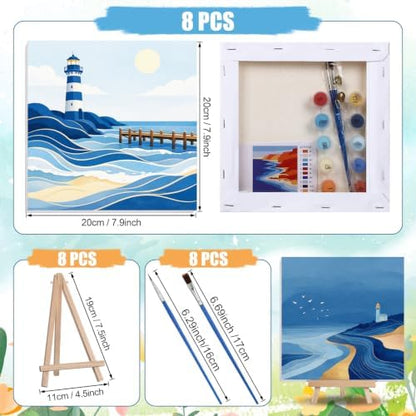 Nezyo 8 Sets 8 x 8 Inch Paint by Numbers Kit for Adult Beginners with Wooden Easels Acrylic Paint by Number Landscape Paintings Kits for DIY Party Home Decor Gift(Blue Ocean) - Image 3