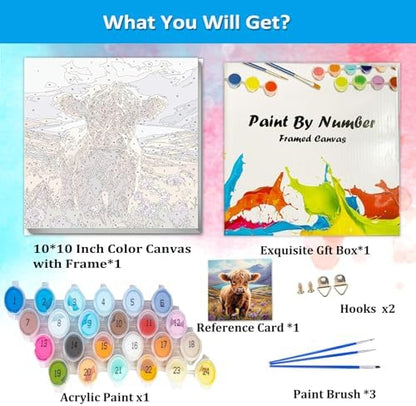 Artunion Framed Paint by Numbers Kit for Adults Beginners & Kids Ages 8-12,Highland Cow Paint by Number with Frame,Cow Animal Paint by Numbers Kit on Canvas 10 * 10 Inch Without Easel - Image 4