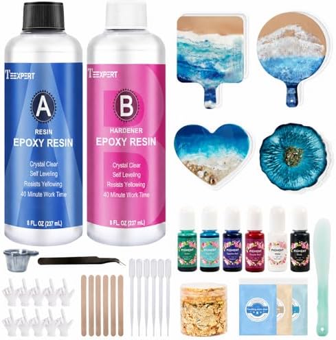 Teexpert Epoxy Resin Kit for Beginners, Resin Kit with Coaster Molds, Silicone Molds Kit, Pigments, Crystal Clear Art Resin, Casting & Coating for DIY Coasters 16 FL.OZ by Teexpert
