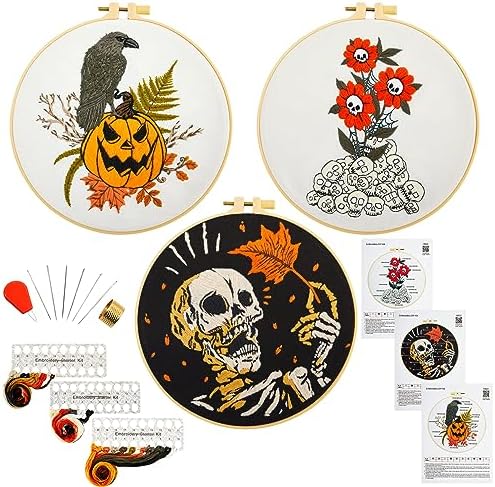 Gothic Halloween Embroidery Starter Kit for Beginners Adults, Stamped Cross Stitch Kit Needlepoint Kit for Beginner Adult, 3 Embroidery Hoop 3 Set Embroidery Supplies (Attached Teaching Video QR Code) by Armindou