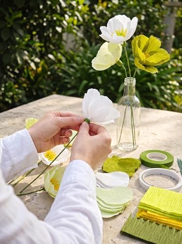 Mybbshower Sage Green White Crepe Paper Poppy Flower DIY Making Kit for Home Table Decor Gift Craft 24 pcs - Image 5