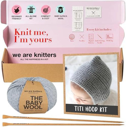 We Are Knitters Titi Hood Kit | Beginner Knitting Gift Kit | Soft Baby Alpaca Flat Knit Bonnet | Cozy Handmade Winter Baby Hood Warm Cozy Gift Set DIY by WEAREKNITTERS