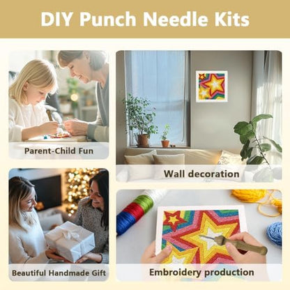 Doodlream Colorful Stars DIY Punch Needle Embroidery Kit for Adult Beginner, 9.4" Stars Punch Stitching Craft Set for Starter with Frame,Fabric Pattern,Threader, Yarn, Pinch Needle - Image 4