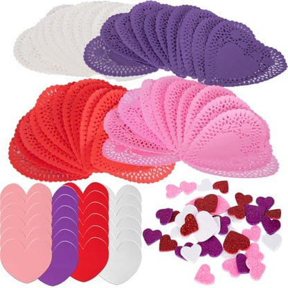 ArtCreativity 126+ Pcs Valentine's Day Heart Doilies Card Crafts for Kids - Valentine Day Crafts for Classroom Parties - Valentines Craft Supplies Kits with Heart Doilies and Glitter Foam Stickers by ArtCreativity