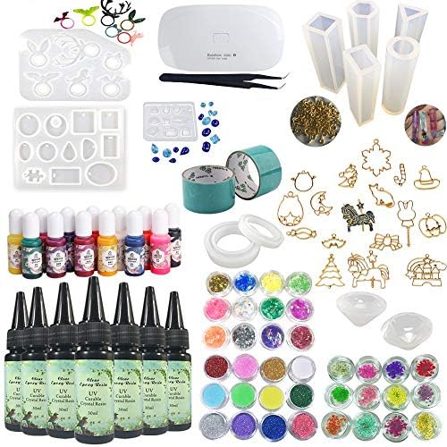 UV Epoxy Resin Crystal Clear for Craft Jewelry Making Kit 7x30ml with Pigments Molds Bezels, 36 Decorations Embellisments & Tweezers & Light, for Bracelets Pendants Diamonds Earrings Rings Necklaces by VidaRosa
