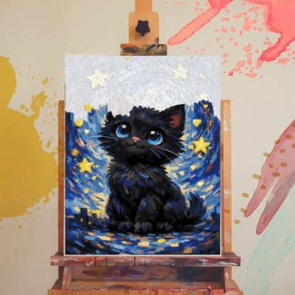 xackcme Cat Paint by Numbers for Adults - Starry Sky Paint by Number on Canvas Without Frame, DIY Black Cat Oil Painting for Gift Home Wall Decor (16x20 inch) - Image 3