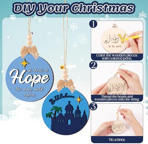 WATINC DIY 3D Christmas Ornaments Kit to Paint - 12 Styles Unfinished Wooden Hanging Decor with Raised Designs, Includes Paint Pens, Bells, Bows & Beads, Xmas Tree Crafts for Kids & Adults(Nativity) - Image 3