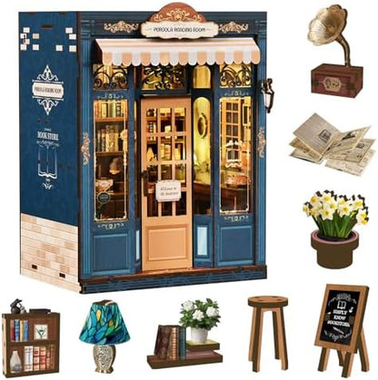 Book Nook Kit, DIY Miniature House Kit for Adults & Teens, Vintage Bookstore Scene Bookshelf Insert Decor with LED, 3D Wooden Puzzle Gift for Book Lovers (Pergola Reading Room) by Reenovan
