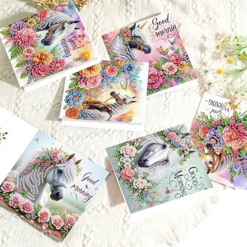 LazyFold 6Pcs DIY Diamond Art Painting Greeting Cards with Envelopes, White Horse All Occasion Note Card Kit for Women, Handmade Thank You Birthday Friendship Cards Gift - Image 5