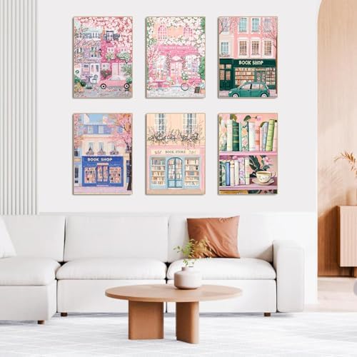 AOSGEDY 6 Packs Bookstore Paint by Numbers Kit for Adults Beginner, Pink Book Shop Adult Paint by Number Kits on Canvas, DIY Acrylic Oil Painting by Numbers for Home Wall Decor 10x14 Inch - Image 3