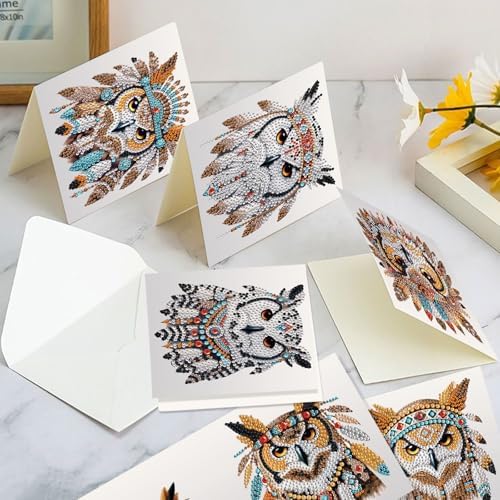 Tontut 6pcs Diamond Art Painting Kit Greeting Card, Battle Feather Owl 5D DIY Special Shape Diamond Painting Christmas Birthday Greeting Card Creative Gifts - Image 7
