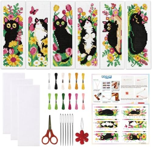 ORIGACH 6 Set Cat and Flower Cross Stitch Bookmark Kit for Beginner by ORIGACH