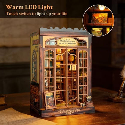 Book Nook Kit Retro Private Bookcase 3D Wood Miniature House with LED Light - Image 4