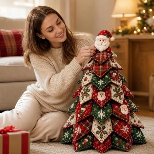 Quilted Christmas Tree Kit – Pre-Cut Fabric & Foam Cone DIY Tabletop Decoration with Tree Topper, No-Sew Holiday Craft Kit for Adults & Kids, Christmas Tree Decorations for Home, Party & Gifts (set12) - Image 6