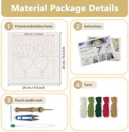 Doodlream Fresh Radish Needle Kit for Beginner, 9.4"x 9.4" Vegetable in Soil Punch Stitching Craft Set, Color DIY Embroidery Starter with Printed Frame, Instruction, Threader, Yarn, Pinch Needle - Image 2