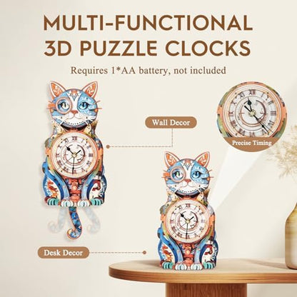 3D Puzzles for Adults Wooden DIY Cat Clock Puzzle Adult Crafts - Image 6