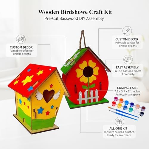 DIY Wooden House Craft Kit with Paints & Brushes, Pre-Cut Basswood Assembly Project for Home Decor, 5.9 x 4.7 x 7.1 Inches - Image 5