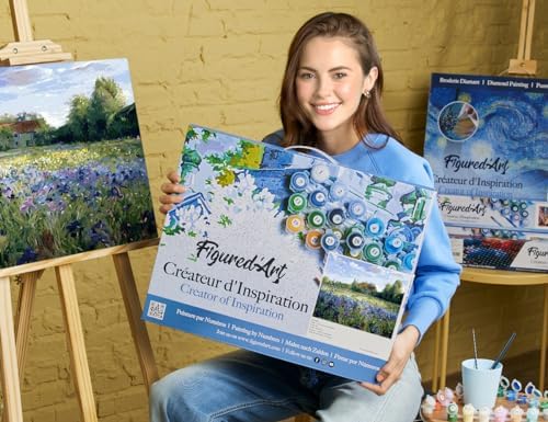 Figured'Art Paint by Numbers for Adults with Frame Countryside Field and Blue Flowers 16"x20" - Craft Art Painting DIY Kit Canvas Already Stretched on a Wooden Frame - Image 2