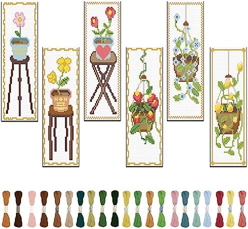 FREEBLOSS 6 Set Cross Stitch Bookmark Kit Flowers Patterns Stamped Cross Stitch Kit with Instruction Embroidery Kit for Adults Beginners Reading Gift 8''x2.4'' by FreeandCreativeCraftsArt