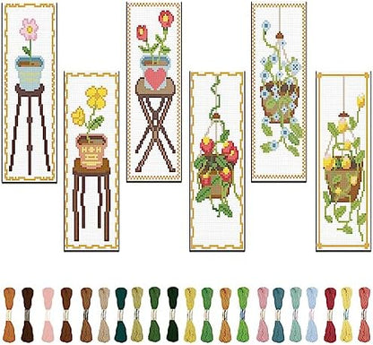 FREEBLOSS 6 Set Cross Stitch Bookmark Kit Flowers Patterns Stamped Cross Stitch Kit with Instruction Embroidery Kit for Adults Beginners Reading Gift 8''x2.4'' by FreeandCreativeCraftsArt