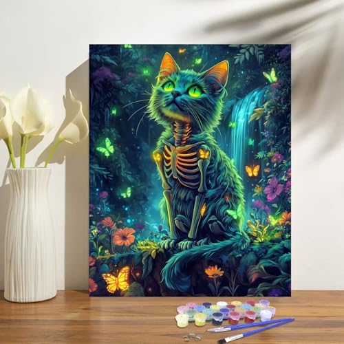 obterie Cat Paint by Numbers Kit for Adults Beginner Skeleton Oil Painting Kit Adult Paint by Number Kits on Canvas DIY Painting for Beginners Art by Numbers for Gifts Home Wall Decor 16x20 Inch - Image 2
