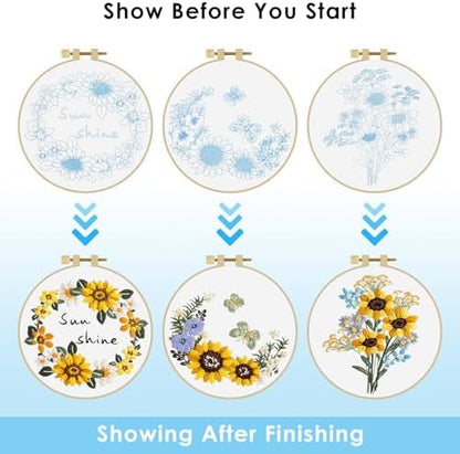 ERKOON 3 Sets Embroidery Kit, Floral Cross Stitch Set for Include Embroidery Cloth Hoops Threads for Craft Lover Hand Stitch (Sunflower) - Image 4