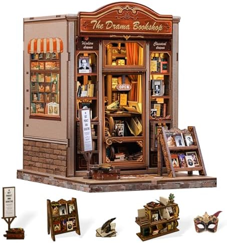 Cutefun Book Nook Kit - DIY Miniature Dollhouse Booknook Kit for Adults and Teens, 3D Wooden Puzzle Bookshelf Insert Decor with LED Light, Gifts for Family and Friends (The Drama Bookshop) by Cutefun