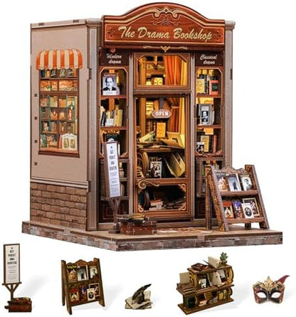 Cutefun Book Nook Kit - DIY Miniature Dollhouse Booknook Kit for Adults and Teens, 3D Wooden Puzzle Bookshelf Insert Decor with LED Light, Gifts for Family and Friends (The Drama Bookshop) by Cutefun