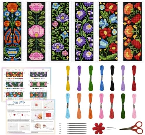 ACRNIGHEET 6PCS Cross Stitch Kits Stamped Cross Stitch Bookmark Kit for Beginner Adults Easy Flower DIY Embroidery Bookmark Kit Needlepoint Kits with Instructions Book Lovers Craft Gift 8.5''x3'' 11CT by ACRNIGHEET