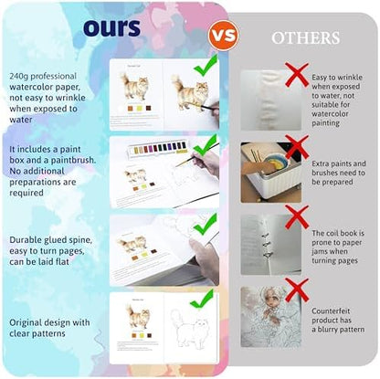 CraftyManor Watercolor Workbook Creative Insect Water color Paint Book Set with Paints & Brush, 12 Patterns of Original DIY Designs, Beginner-Friendly Adult Coloring Books (Cat) - Image 3