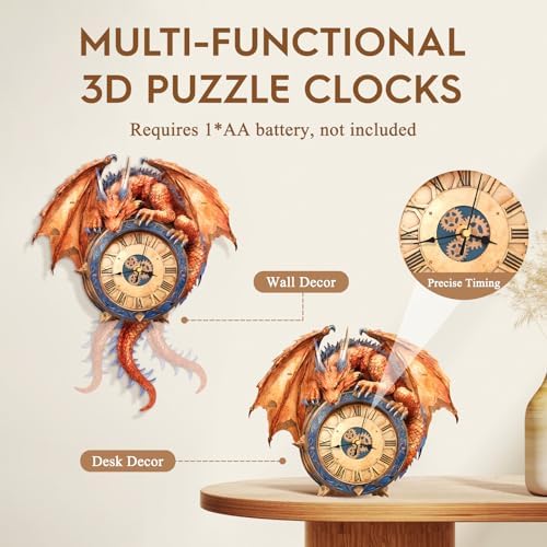 3D Wooden Puzzle for Adults - Fiery Dragon Clock - Image 2