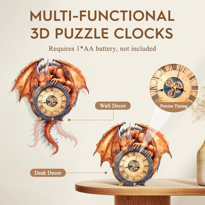 3D Wooden Puzzle for Adults - Fiery Dragon Clock - Image 2