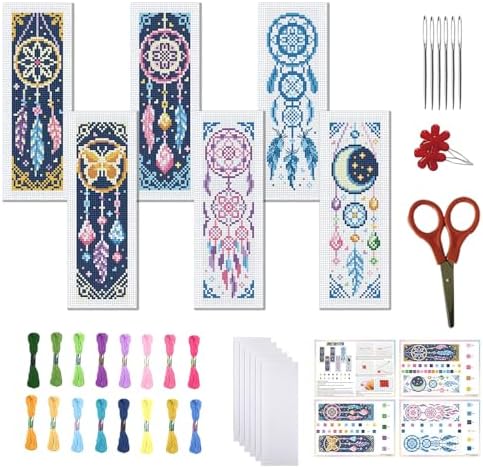 FREEBLOSS 6 Set Cross Stitch Bookmark Kits Dreamcatcher Pattern Stamped Embroidery Kit Stitch Bookmarks DIY Book Marks Printed Cross Stitch Kits with Instructions for Beginners Adults 8''x2.4'' by FreeandCreativeCraftsArt