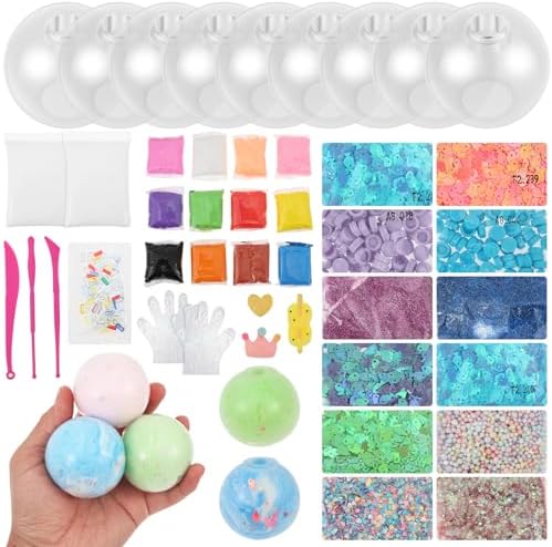 DIY Stress Ball Making Kit, ASMR Anxiety Relief Squishy Maker Set with 9 TPR Skins, 12 Colors Air Dry Clay & Glitters Fillers, Professional Sensory Toy for Adults Office Women Self-Care Gifts by Tcwhniev