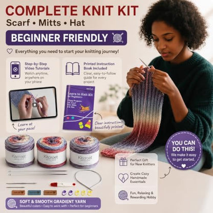 Complete Knitting Kit for Beginners, Scarf, Hat & Gloves, Amethyst Ombre - Image 2