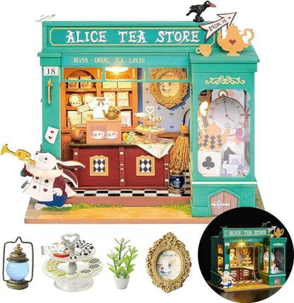 Rolife DIY Miniature House Kit Alice's Tea Store, Tiny House Kit for Adults to Build, Mini House Making Kit with Furniture, Halloween/Christmas Decorations/Gifts for Family Friends (Alice's Tea Store) by Rolife