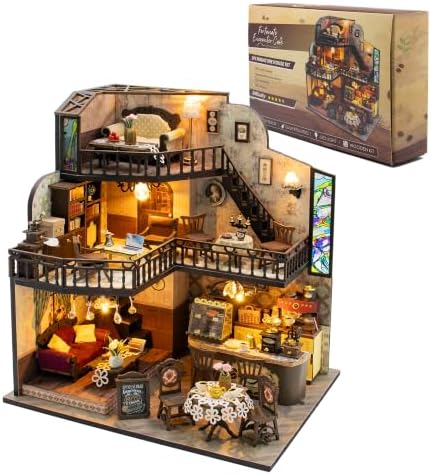 DIY Miniature House Kit, Fairy Dollhouse for Adults to Build, Mini Home Building Kit with Wooden Furniture & LED Lights,Garden Detials, Gift for Family and Friends (Fortunate Encounter Café) by Unknown