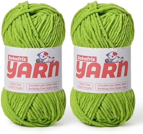 2 Pack Plush Chunky Chenille Yarn for Crocheting, Soft Fluffy Velvet Yarn for Crocheting Amigurumi, Fuzzy Baby Blanket Knitting 200g/262yds Bulky(2 Lime Green) by Sekafris